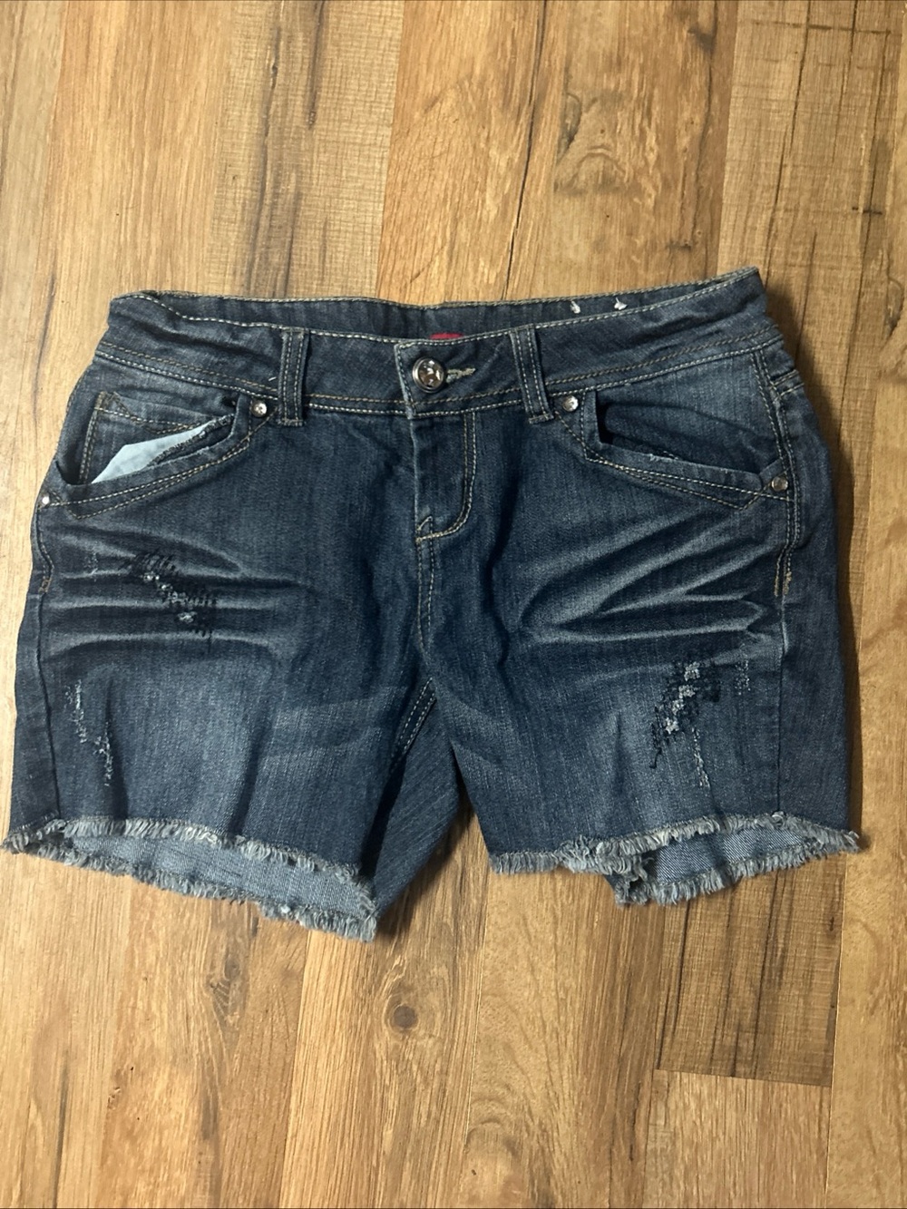 Y2K Bongo Women’s Blue Denim Jean Shorts Low Rise Size 7 Studded Distressed